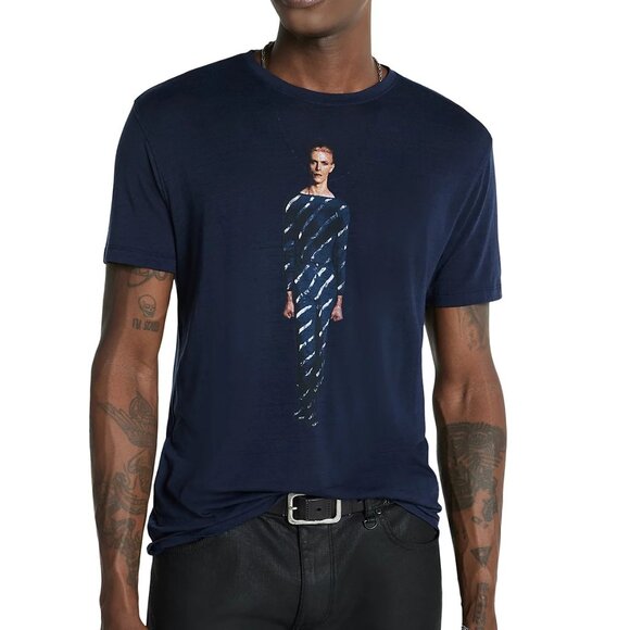 John Varvatos Men's Short Sleeve David Bowie Blue Graphic Crew T-Shirt Navy